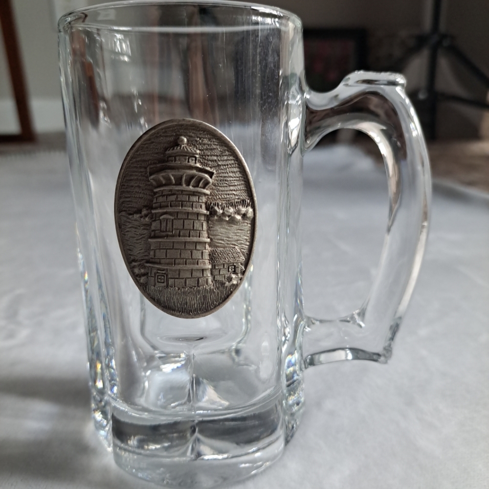 Sailboat Lighthouse Beer Mug Crystal Heavy Clear Glass 6" Tall